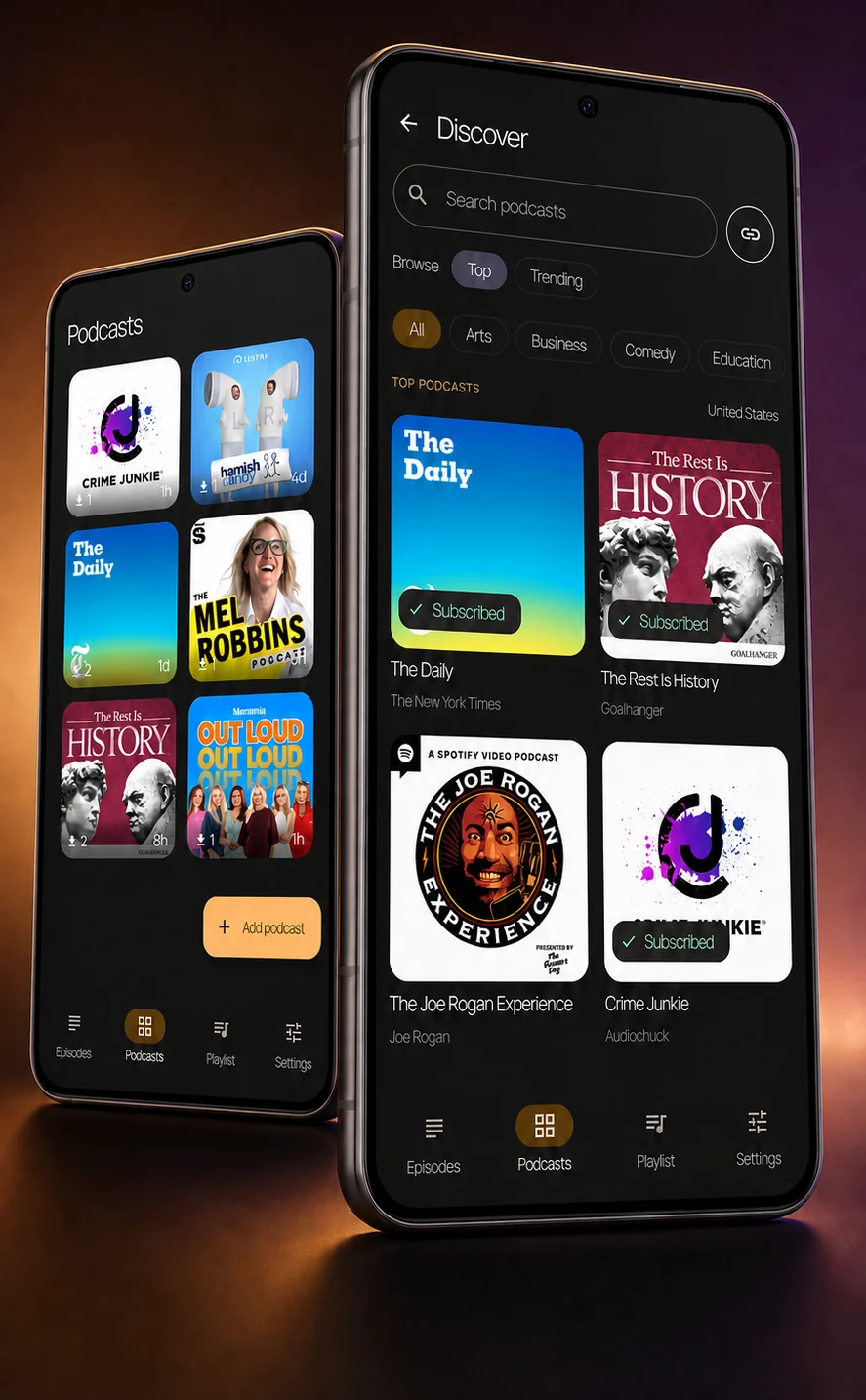 Two Android phones showing Hot Poddy podcast discovery and a six-show library