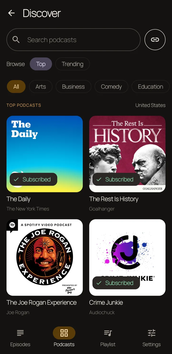 Discover screen with podcast search, Top and Trending filters, and followed-show states