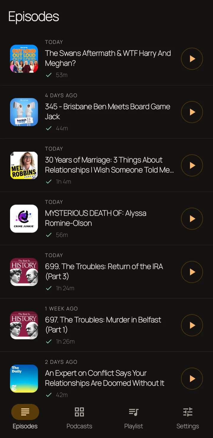 Episodes screen combining new releases from followed shows with downloaded-state indicators