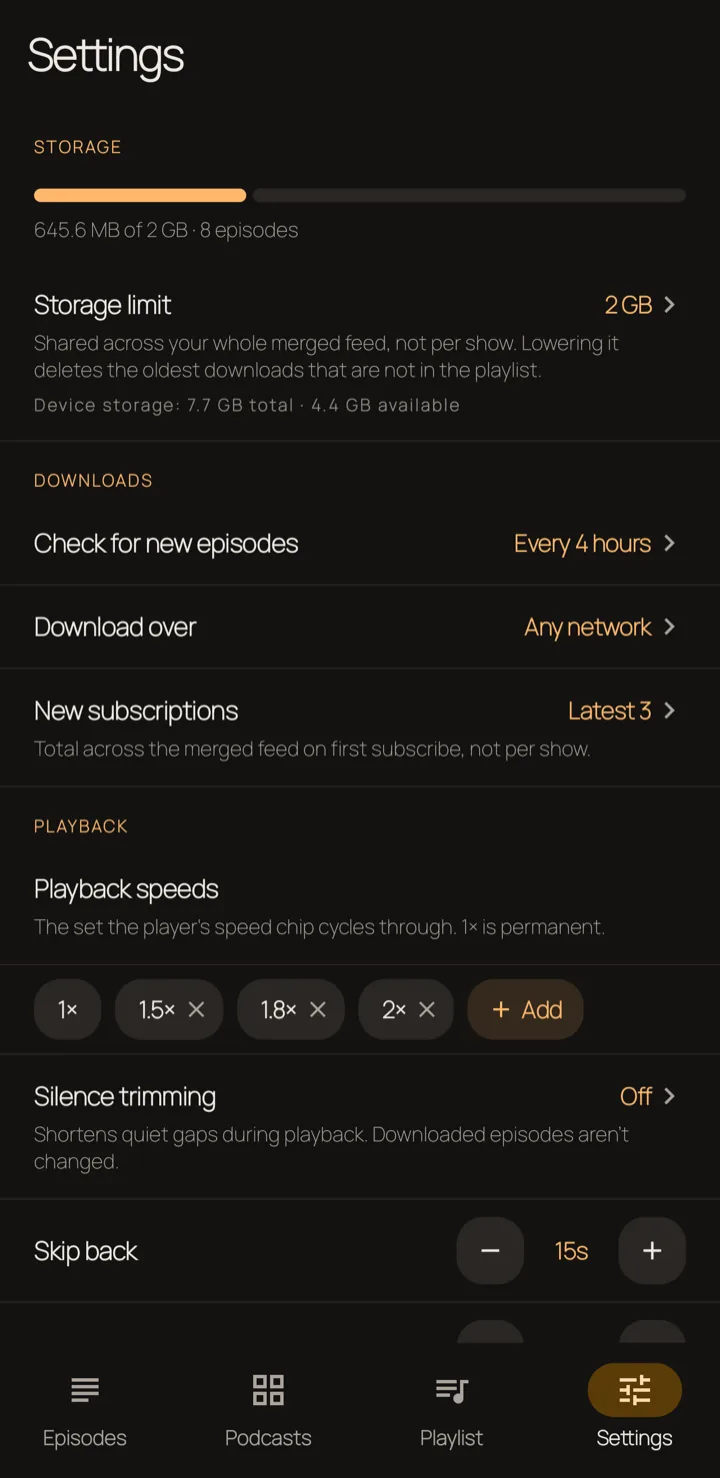 Settings screen showing storage limits, download networks, playback speeds, silence trimming and skip controls